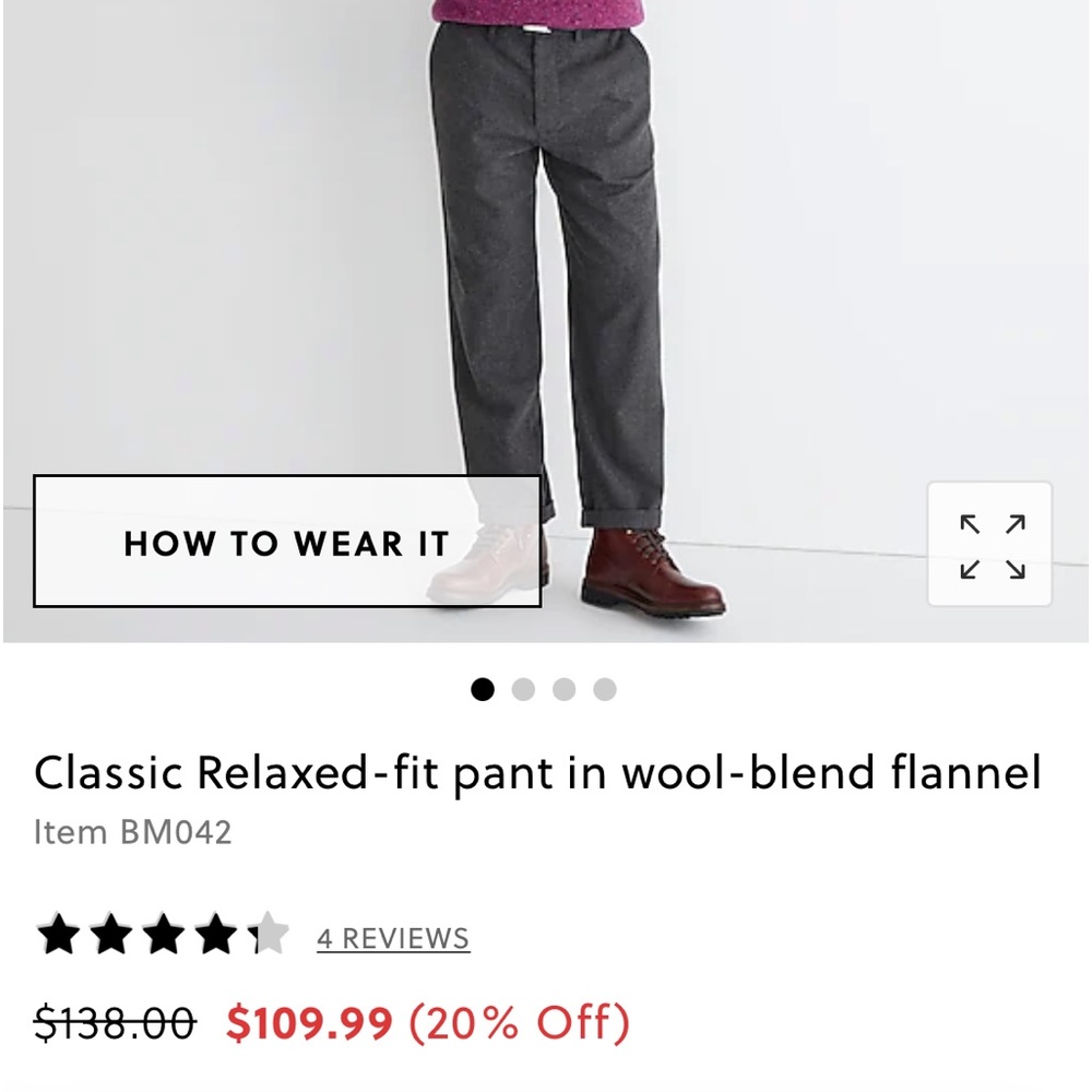 Jcrew relaxed fit pant, in wool flannel
